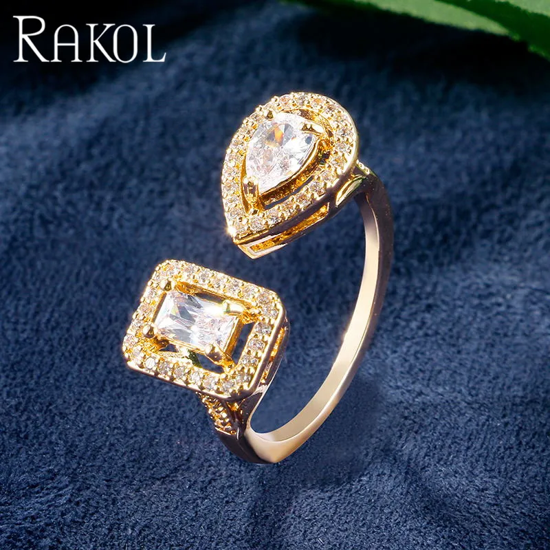 Ring Gold Color RAKOL Гладкий минималистский дизайн с кубическим цирконием браслеты из колец комплект ювелирных изделий женщина свадебное платье аксессуары RS03046 - Окраска металла: Ring Gold Color