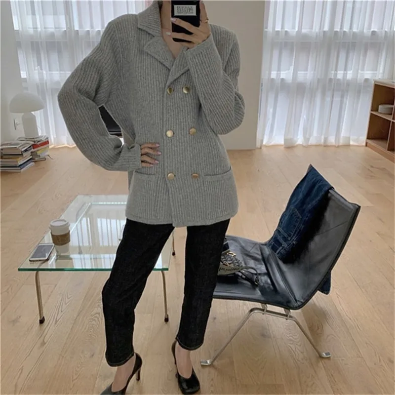 

Mazefeng New 2019 Autumn Winter Women's Sweaters Double Breast Casual Turn-down Collar Knitted Cardigans Pockets Tops One Size