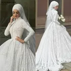 Мусульманское свадебное Платье трапециевидного силуэта с длинным рукавом, белое Свадебные платья из шифона, с вышивкой хиджаба, арабское свадебное платье