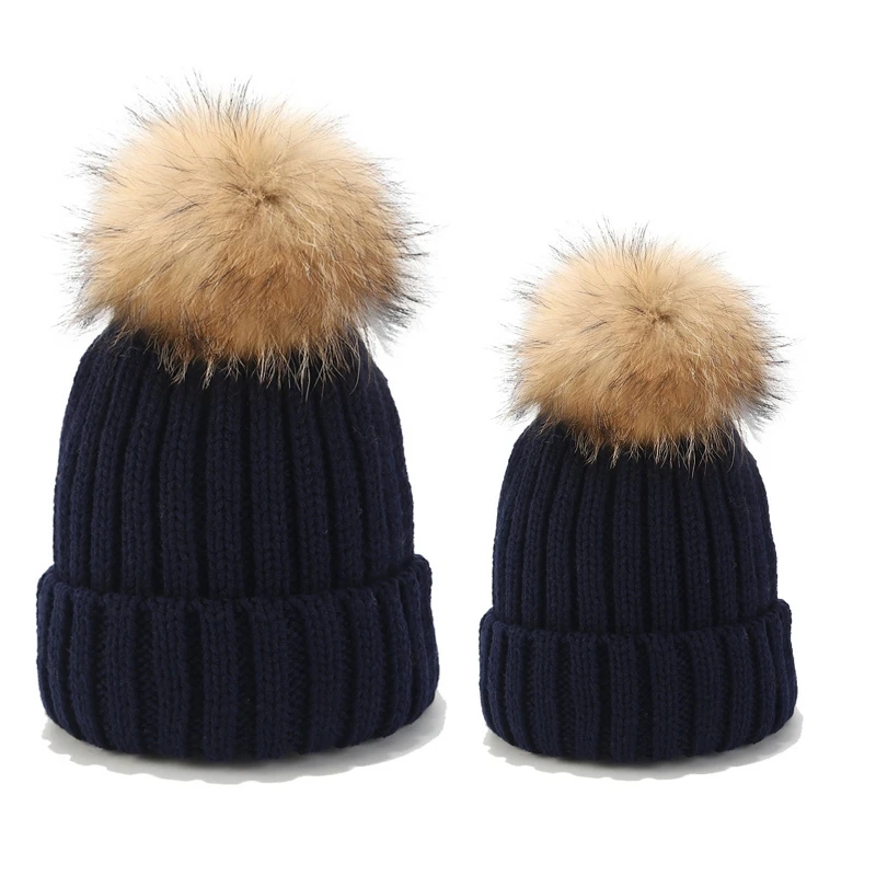 

2Pcs Parent-Child Ribbed Knitted Beanie Hat Set Mother Baby Family Winter Pom Pom Warmer Solid Color Cuffed Skull Cap