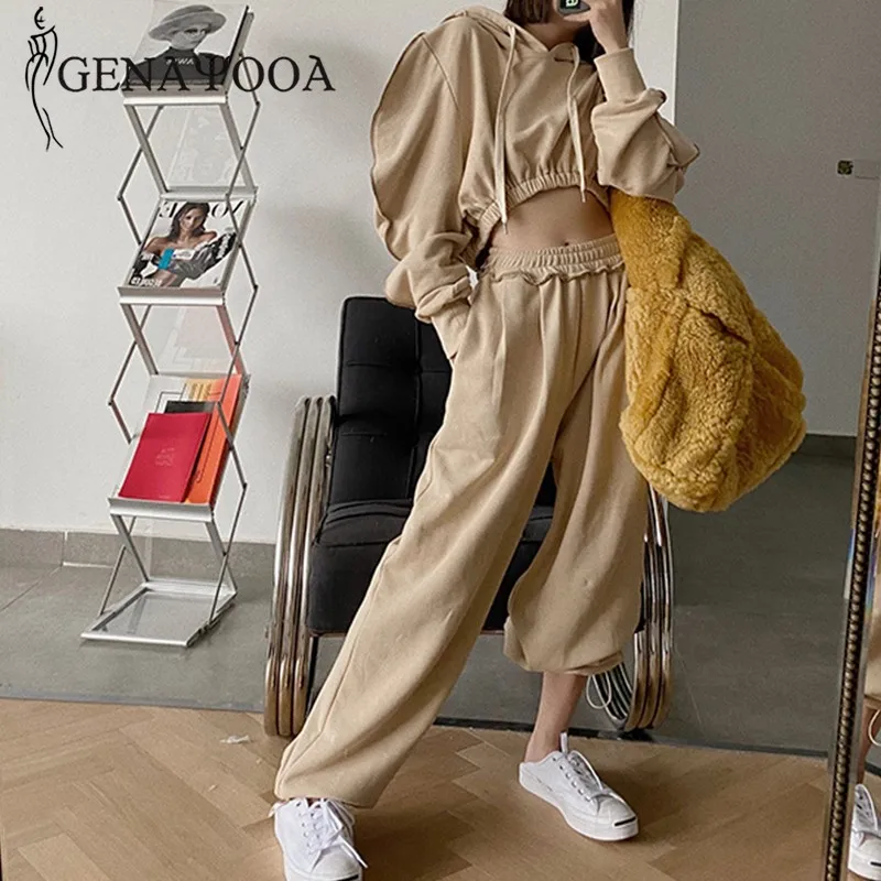 

Genayooa Solid Hooded Two Piece Set Streetwear Loose Two Piece Set Top And Pants Women Tracksuit Hip Pop Long Sleeve Crop Top