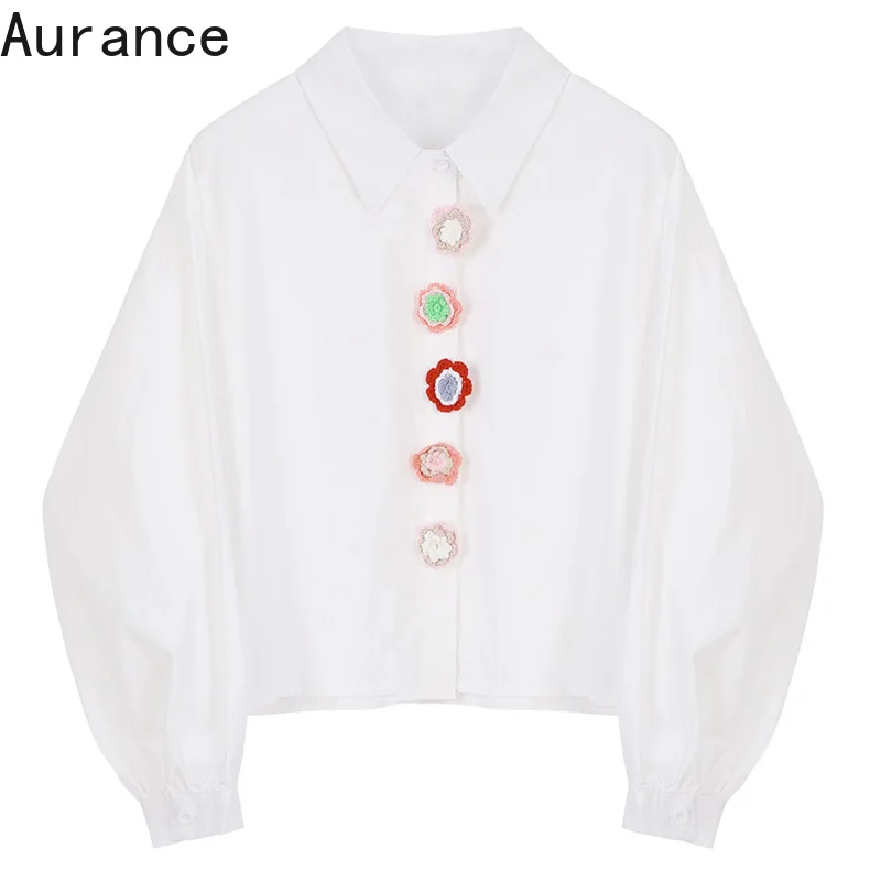 

[Aurance] Women Flower Buttons Vintage White Blouse New Lapel Long Sleeve Loose Fit Shirt Fashion Tide Spring Autumn Female 2021