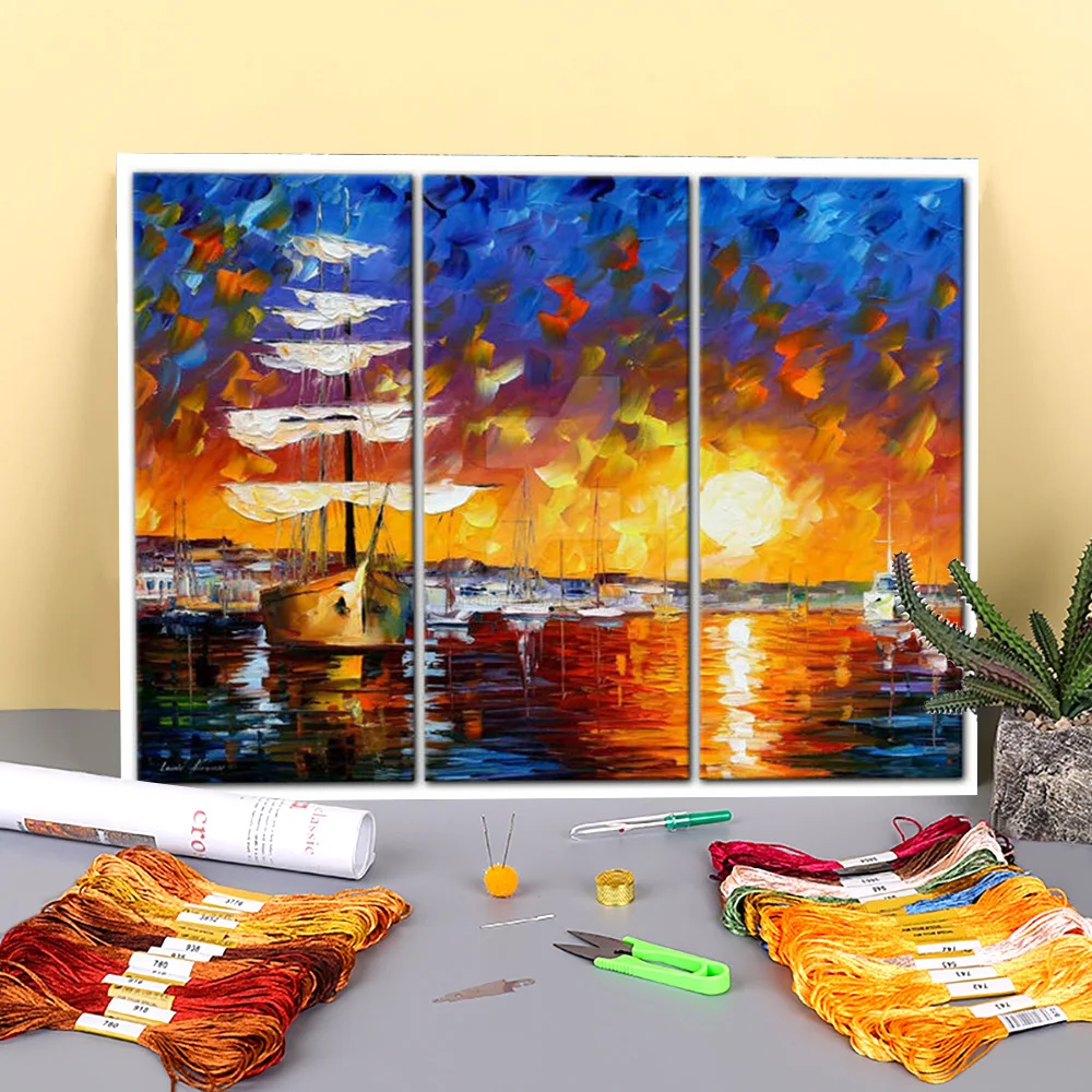 

The Sunset Sailer Printed Fabric 11CT Cross-Stitch Complete Kit DIY Embroidery DMC Threads Handiwork Hobby Craft Promotions