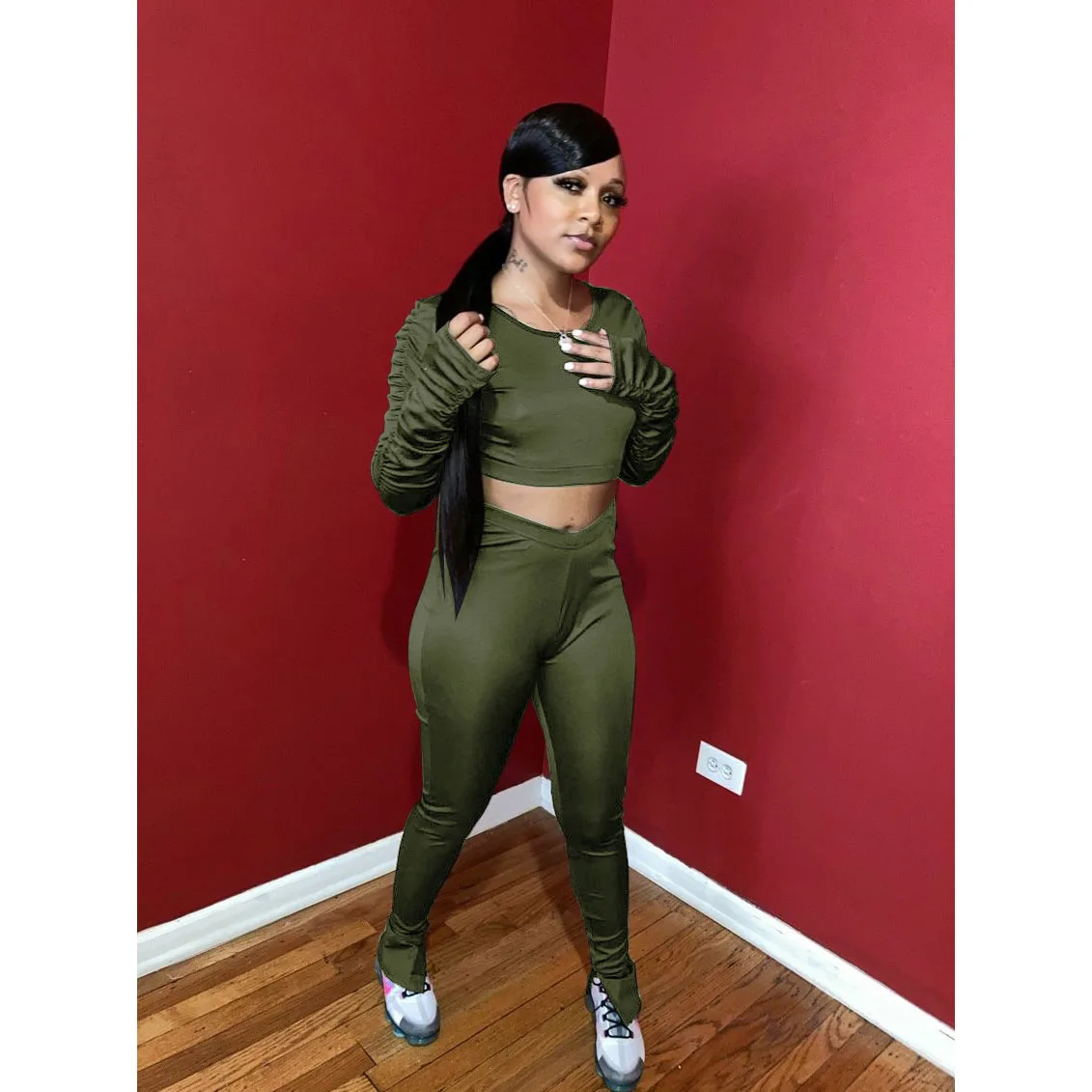 

Two Pieces Set Women Stacked Legging Set Sweatpants Women's Jogger Sports Solid Color Long Sleeve Ruched Crop Top Stacked Pants