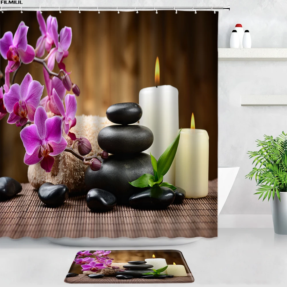 zen green bamboo buddha shower curtains bath mats set black stone flowers garden scenery bathroom carpet non slip rug home decor free global shipping