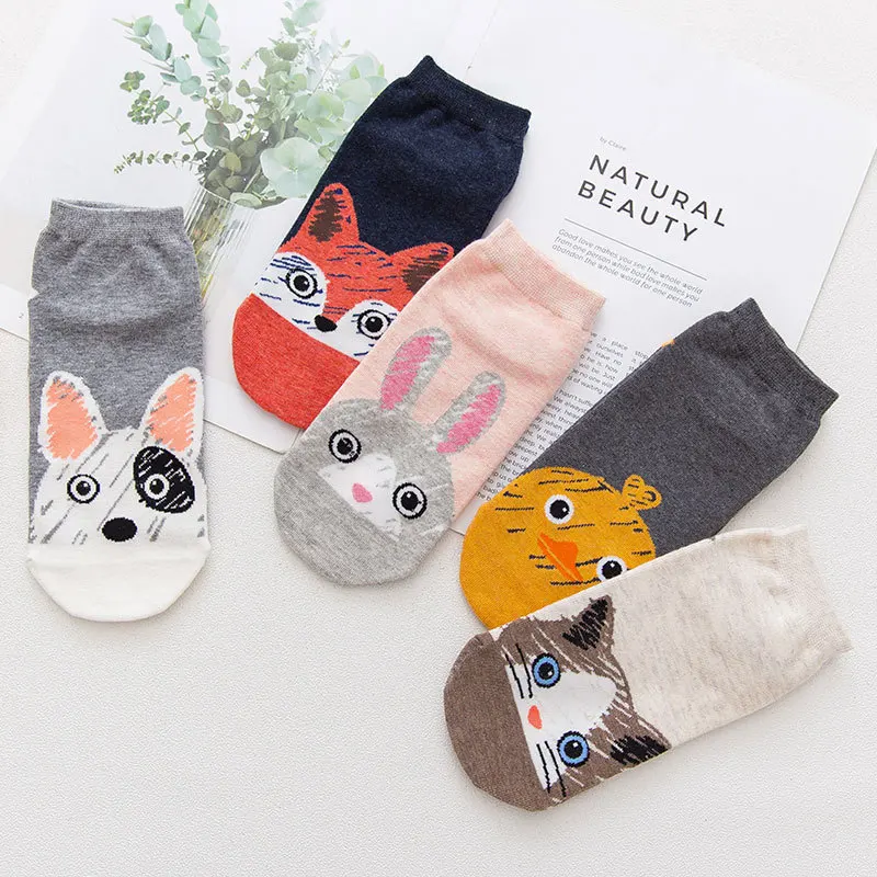 

5 Pairs Kawaii Socks Cartoon Animal Print Cute Cat Calcetines Woman Soft Girl Ankle Funny Happy Skarpety Harajuku Cozy Sock