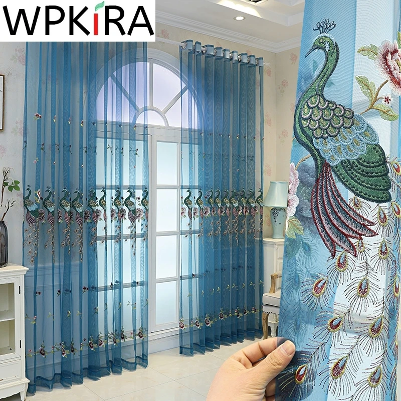 

High End Peacock Embroidery Tulle Curtain for Living room Villa Glass Door European Luxury Blue Sheer Voile Panel Cortinas M043E
