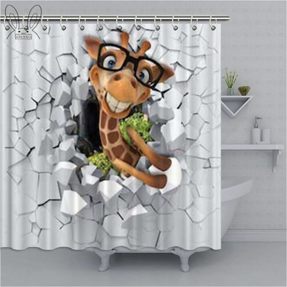 

Aplysia Animal Home Shower Curtain 3d background little giraffe peeping from a broken wall Curtain Bathroom Eco-friendly Curtain