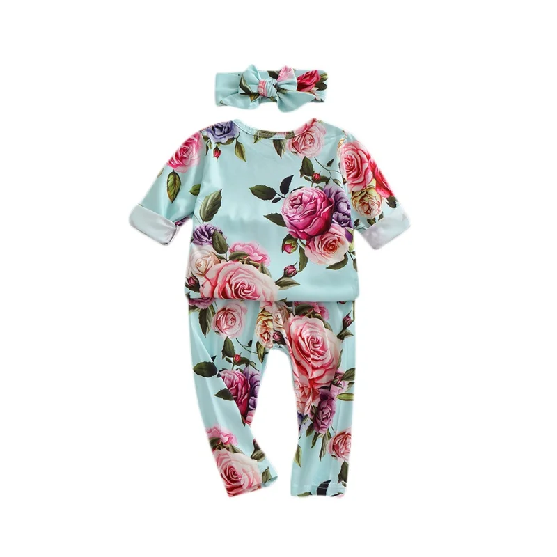 

Two-piece Casual Baby 0-3Y Flower Printing Long Sleeve Top And Trousers And Headband Kids Outfit Set Spring Autumn