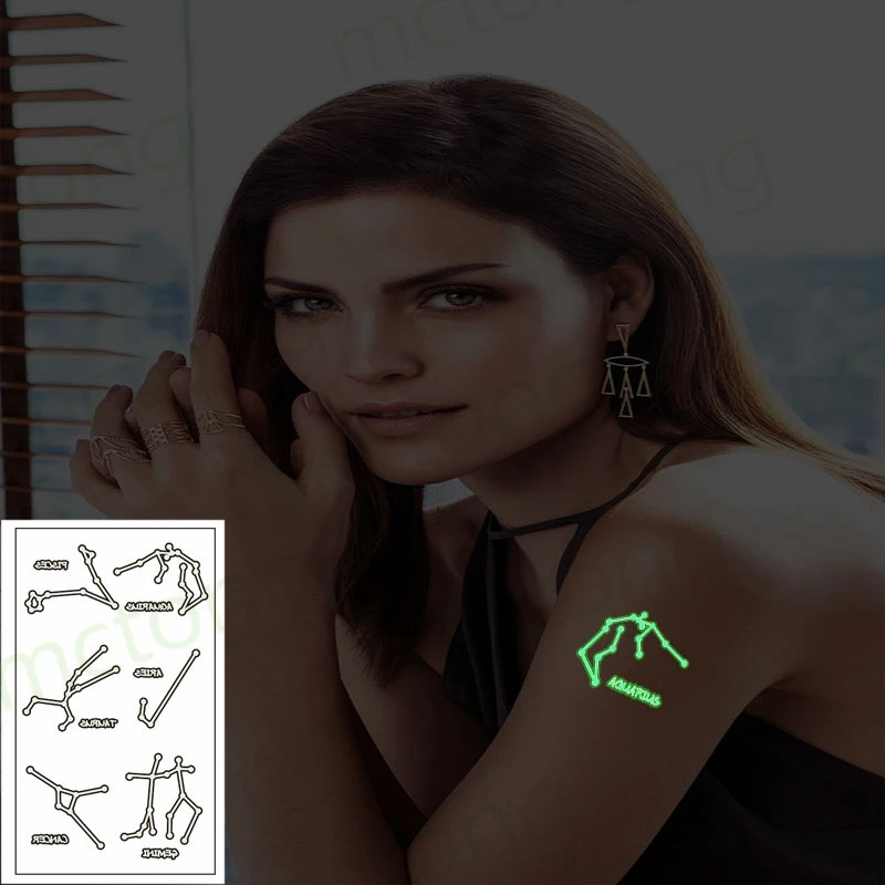 Сияющая наклейка-татуировка Зодиакальная Созвездие Овен Лев Дева Женщины Водонепроницаемая Временная Телесное Искусство Вечеринка Тату-наклейки Девушки.