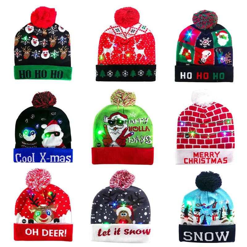 Gorros LED de Navidad para niños, gorros de punto de Santa, alce, Luz Navideña, regalos de Navidad,