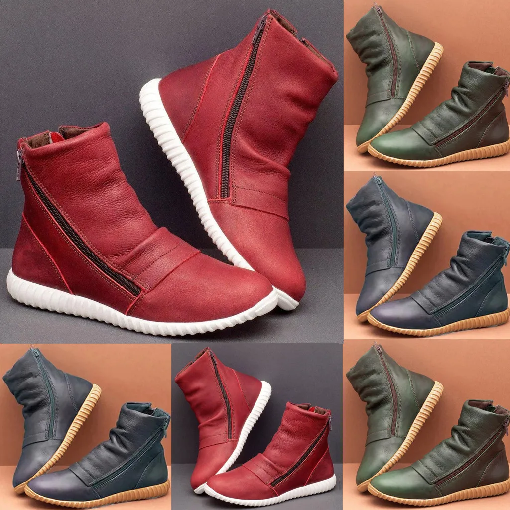 Женские кожаные ботинки на плоской подошве с молнией сбоку и круглым носком