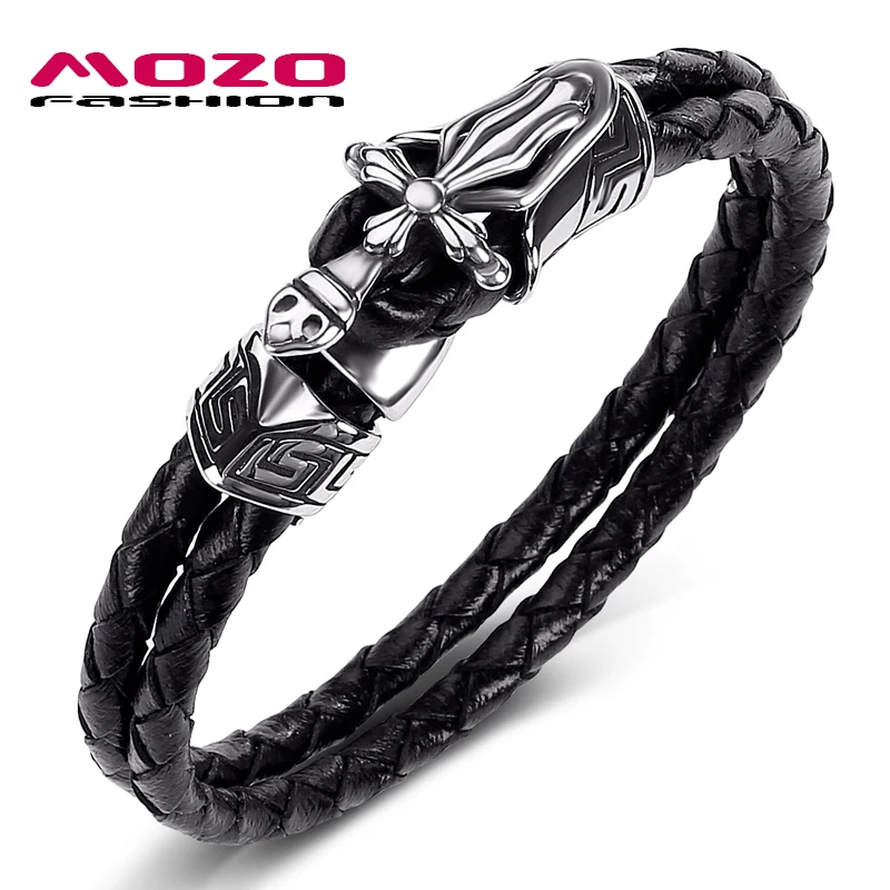 

2020 New Men Jewelry Black Genuine Leather Bracelet Stainless Steel Punk Cross sword Charm Exaggeration Bangles