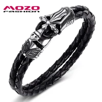 2020 new men jewelry black genuine leather bracelet stainless steel punk cross sword charm exaggeration bangles