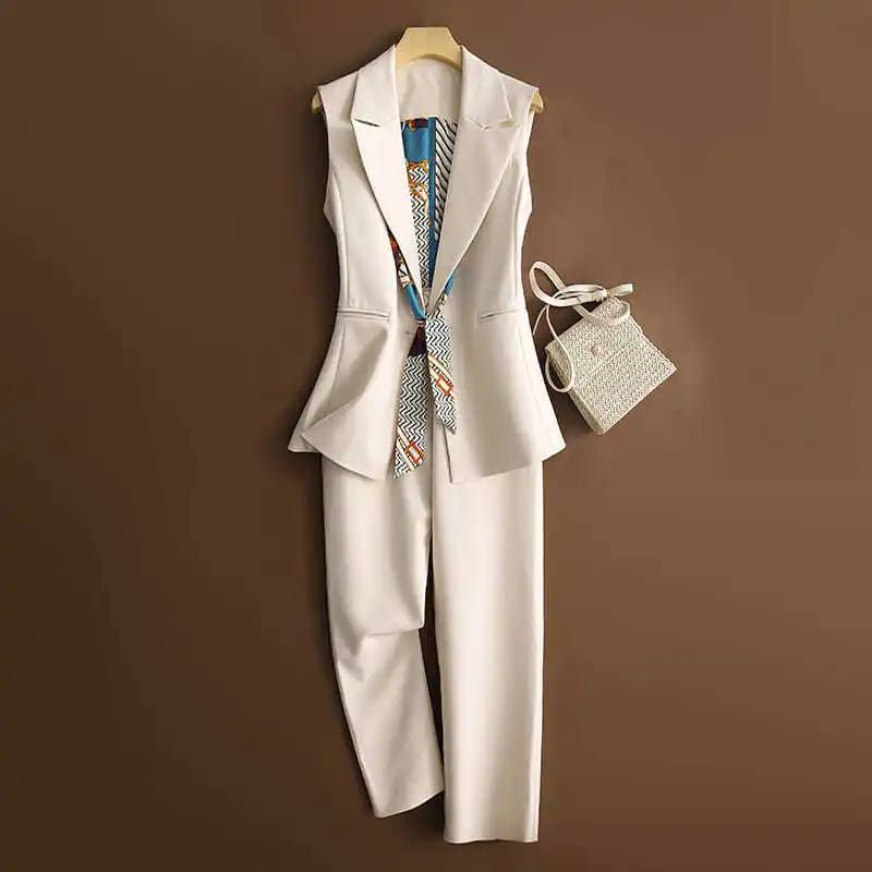 Conjunto de 2 piezas para mujer, Blazer elegante de diseñador, abrigo sin mangas, pantalones Capri, traje de mujer SY157