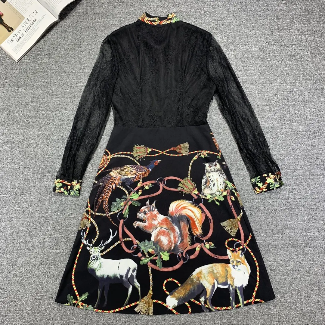 

Lady Runway Fashion Lace Prom Dress Women Lantern Sleeve Bow Collar Totem Print Perspective Lace Patchwork Vestido