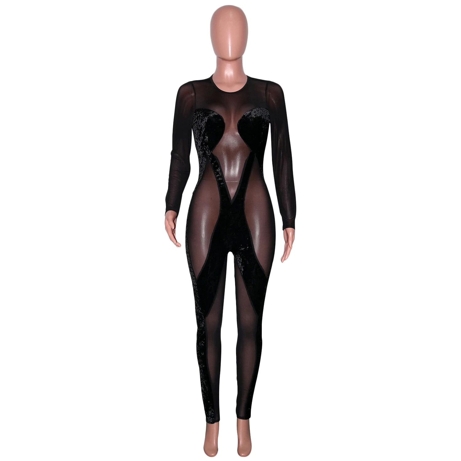 

Fashion Women Sexy Mesh Transparent Jumpsuits, Round Neck Long Sleeve Flocking Stitching Long Romper Playsuits 2021