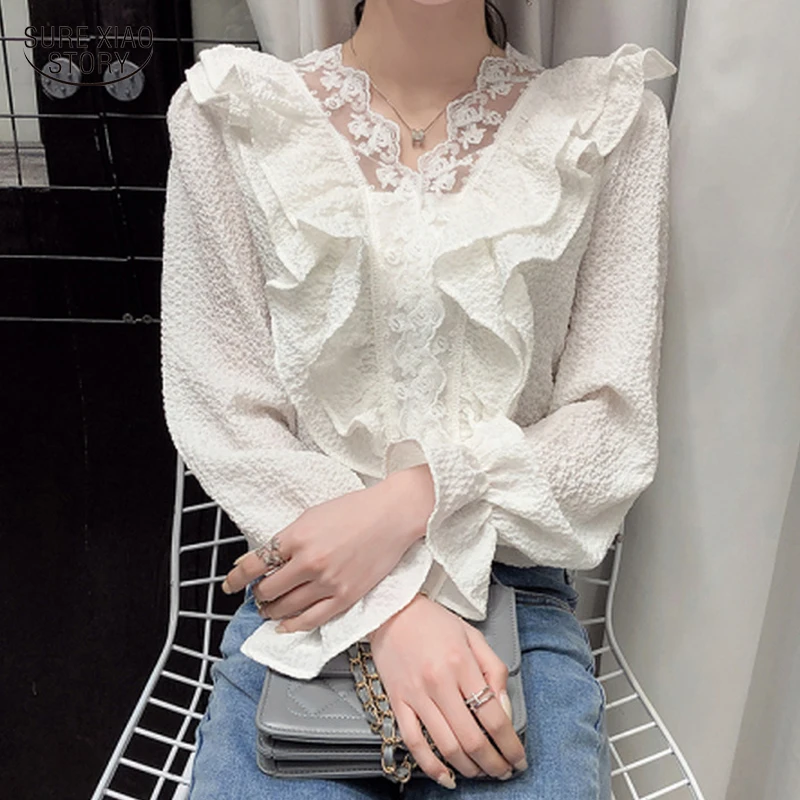 

Cotton & Linen Blouse Vintage Fashion Female Solid Sweet Flare Sleeve Woman's Shirt Ruffled V-neck Lace Shirt Slim Elegant 13192