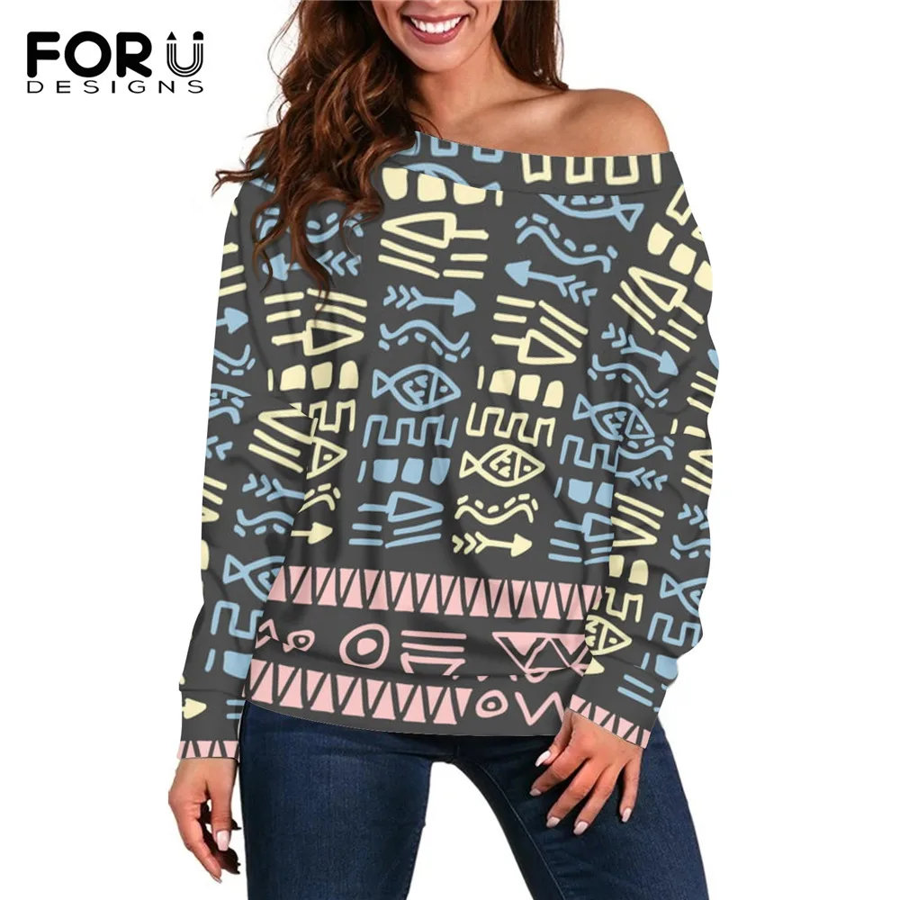 

FORUDESIGNS Sexy African Tribe Brand Design O-neck Tops for Woman One Shoulder Sweatshirts Street Harajuku Pullovers for Girls