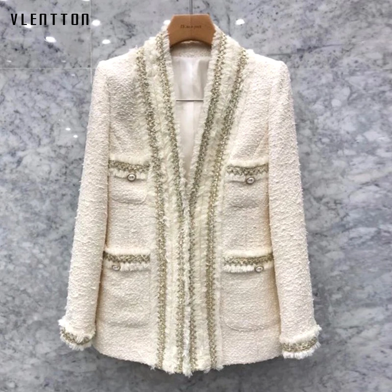 Женский твидовый пиджак винтажный с v-образным вырезом и жемчужинами Офисная