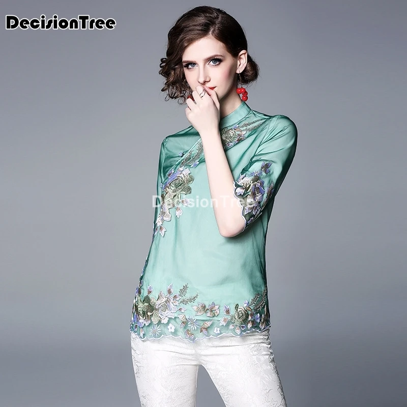2021 Сетчатая ткань Китайское платье для женщин с вышивкой топ qipao Свободная блузка