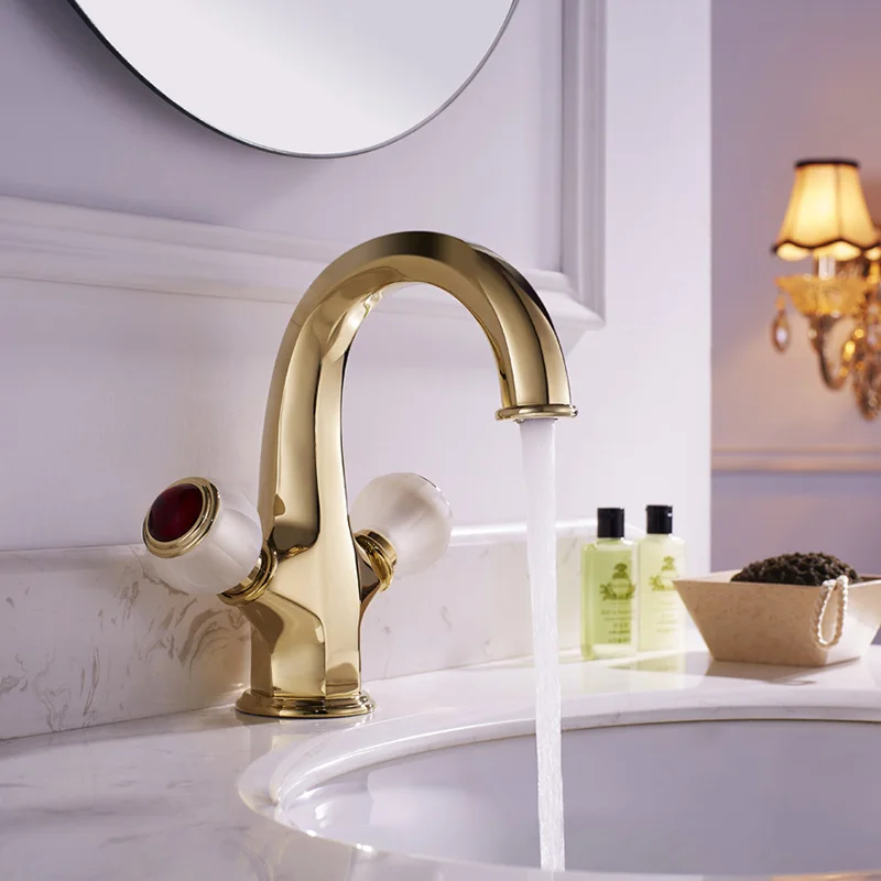 

Bathroom Basin Faucet Brass Sink Mixer Tap Hot & Cold Faucet Dual Handle Luxury Lavatory Tap Quality Water Crane Gold Finished