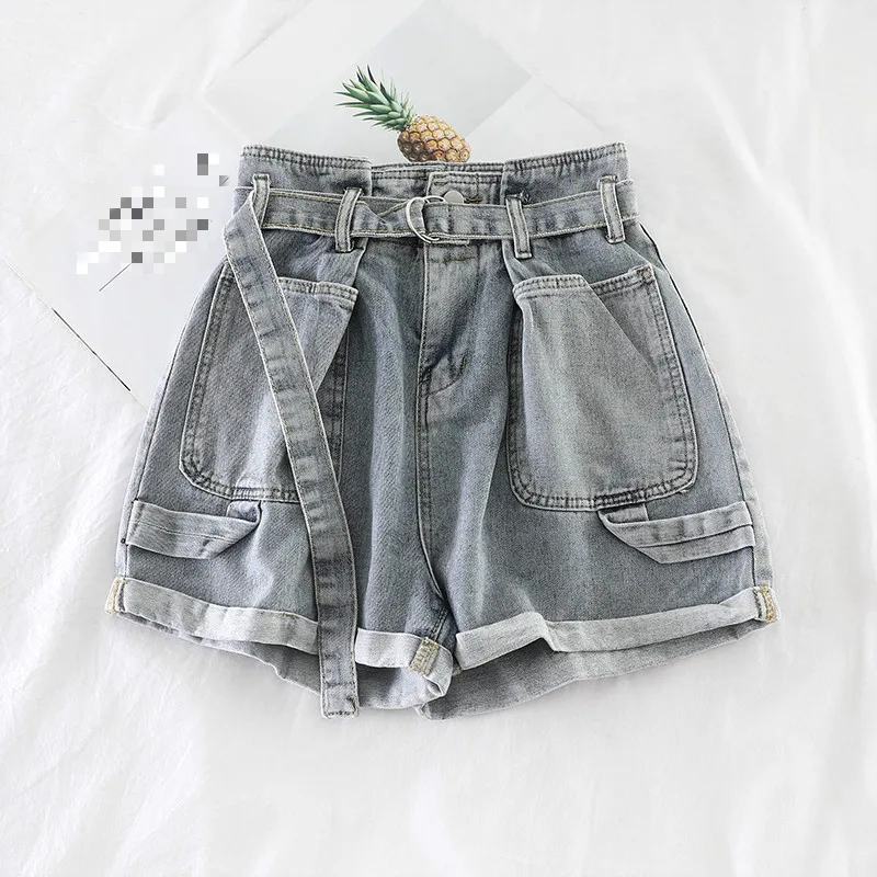 

2020 Summer New Arrival Loose High Waist Slim Denim Shorts Belt Rolled Wide Leg Jeans Shorts Casual Pantalones Cortos Mujer