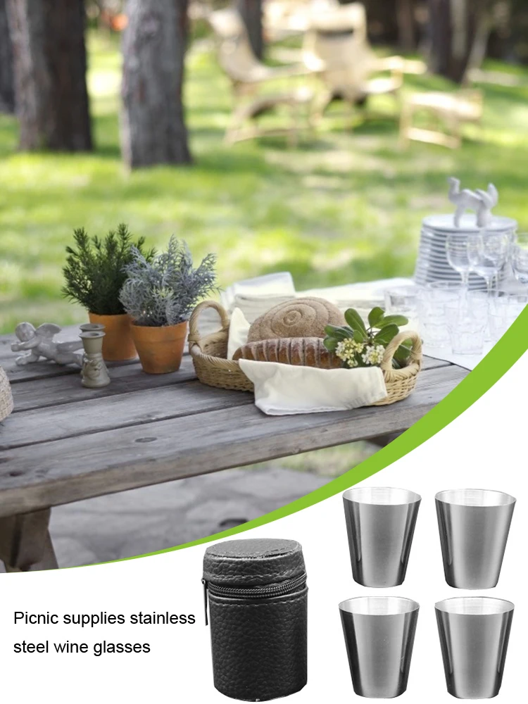 

4 Pcs/30ml Outdoor Camping Tableware Travel Mug Set Picnic Supplies Stainless Steel Wine Beer Cup Whiskey Glass PU Leather