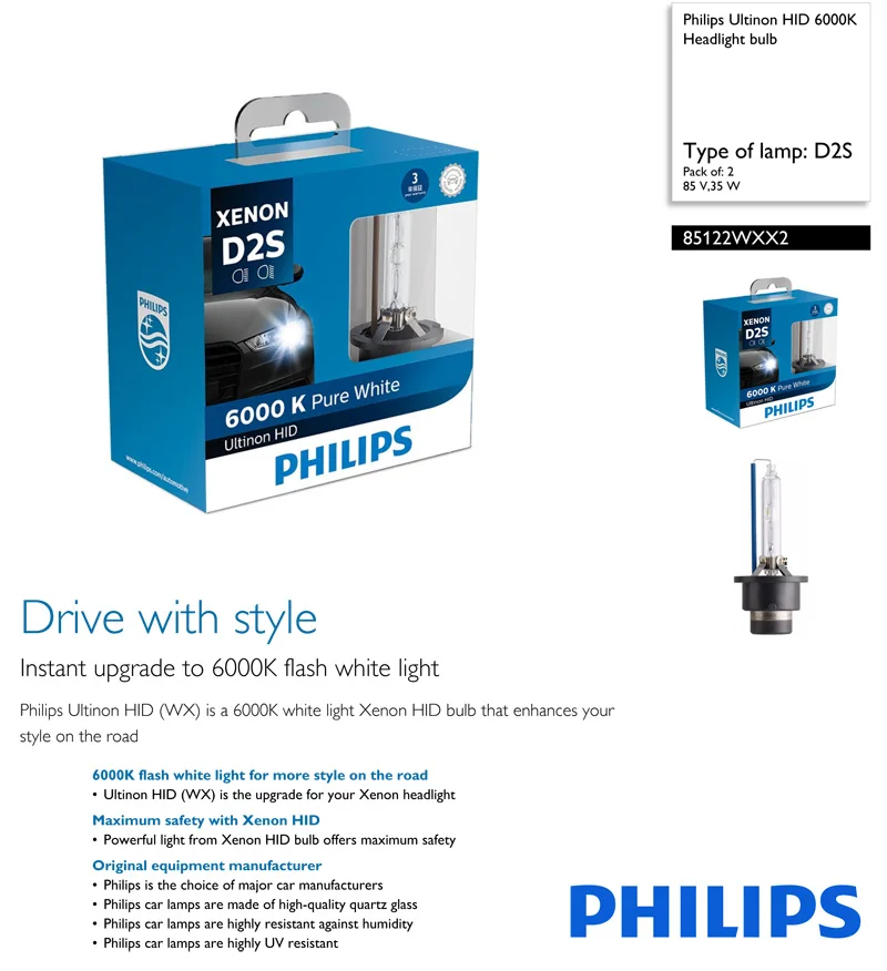 Philips D2S 85122W X 35W Xenon Ultinon HID 6000K холодный синий белый свет Авто обновление лампы Фары вспышка Быстрый старт, пара