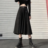 korean streetwear harajuku diablo style women skirt vintage split fork design punk belt high waist asymmetrical a line skirt