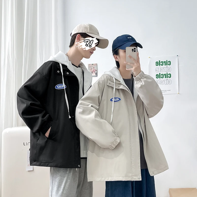 

New Autumn Bomber Hooded Jacket Men Women Casual Loose Fake Two Piece Windbreaker Jackets Outwear Zipper Coat Couple Clothing