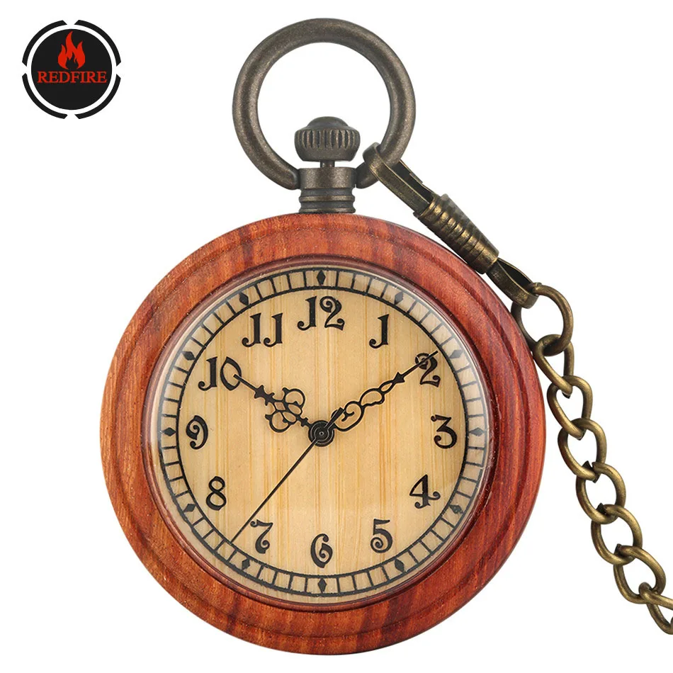 

REDFIRE Unique Arabic Numerals Display Quartz Wood Pocket Watch Pure Wooden Pendant Retro Fob Chain Pocket Clock Gift Men Women