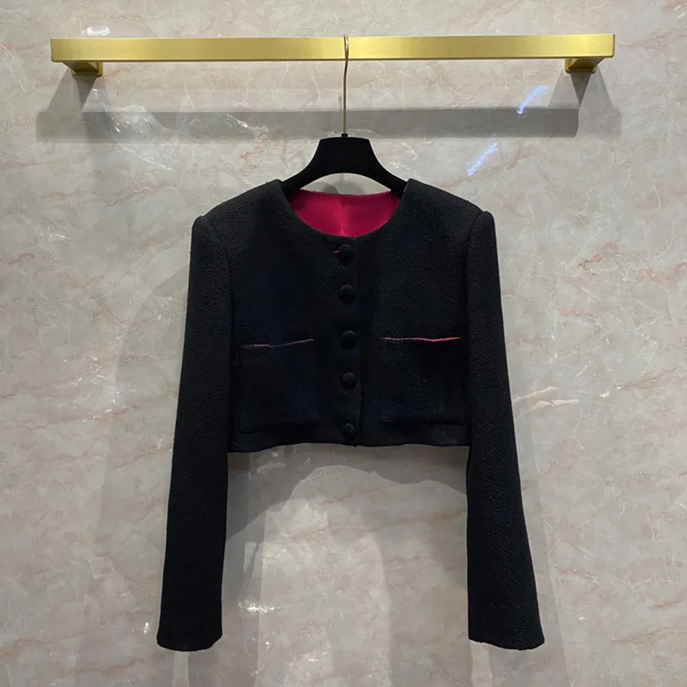 

Женское Короткое шерстяное пальто, дизайнерское шерстяное пальто с круглым вырезом и подкладкой из 100% шелка, весна-осень C993
