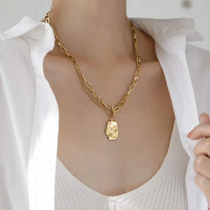 

Minar Multi Layers Chain Hammered Coin Necklaces Toggle Clasp Paperclip Chains Disc Necklaces for Women Chunky Vintage Jewelry