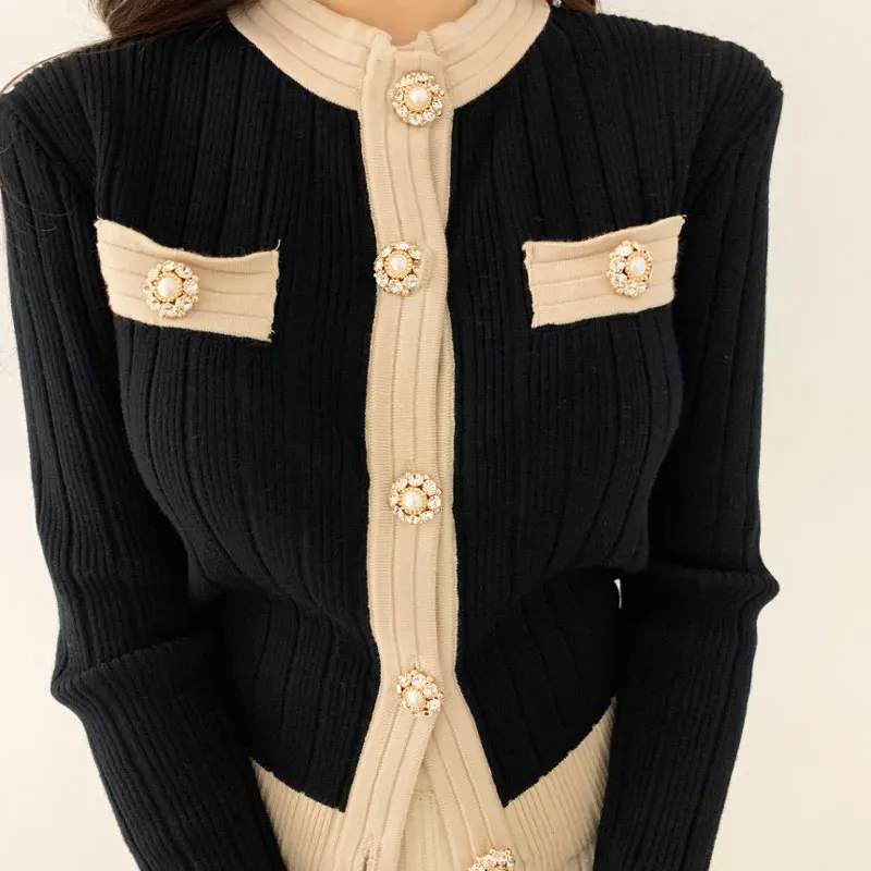 

Korean Style Chic Knitted Skirts 2 Piece Set Womens 2021 Elegant Formal O-Collar Cardigan And Pleated Skirt Stretch Sweater Set