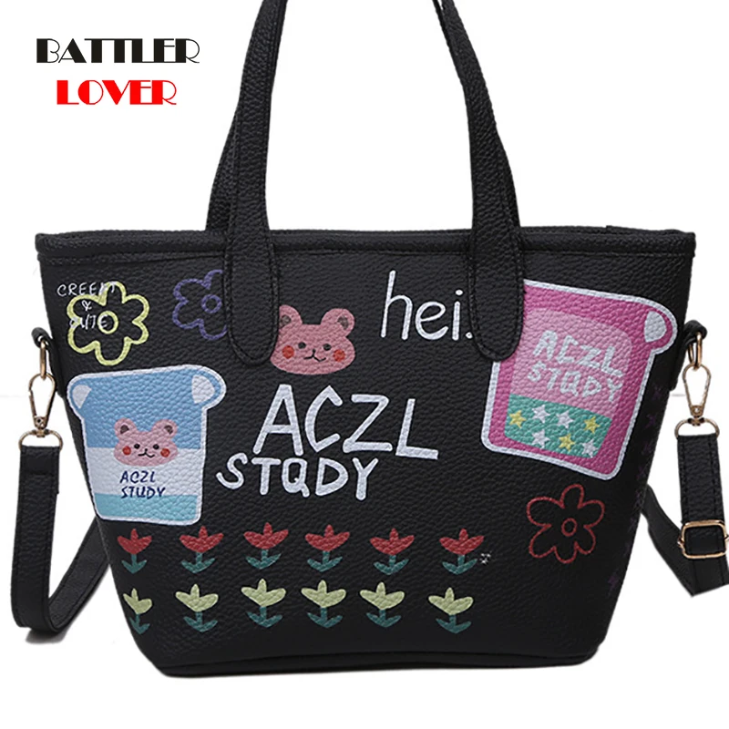 

Women Printing Handbag Creative Design Bucket 2020 Shoulder Tote Bags Capacity Soft Cartoon for Ladies Cartoon Casual
