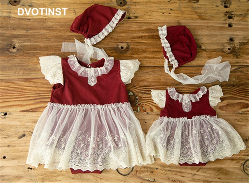 

Dvotinst Newborn Photography Props Christmas Red Dress Bodysuits Headband Bonnet 2pcs Set for Girls Studio Shooting Photo Props