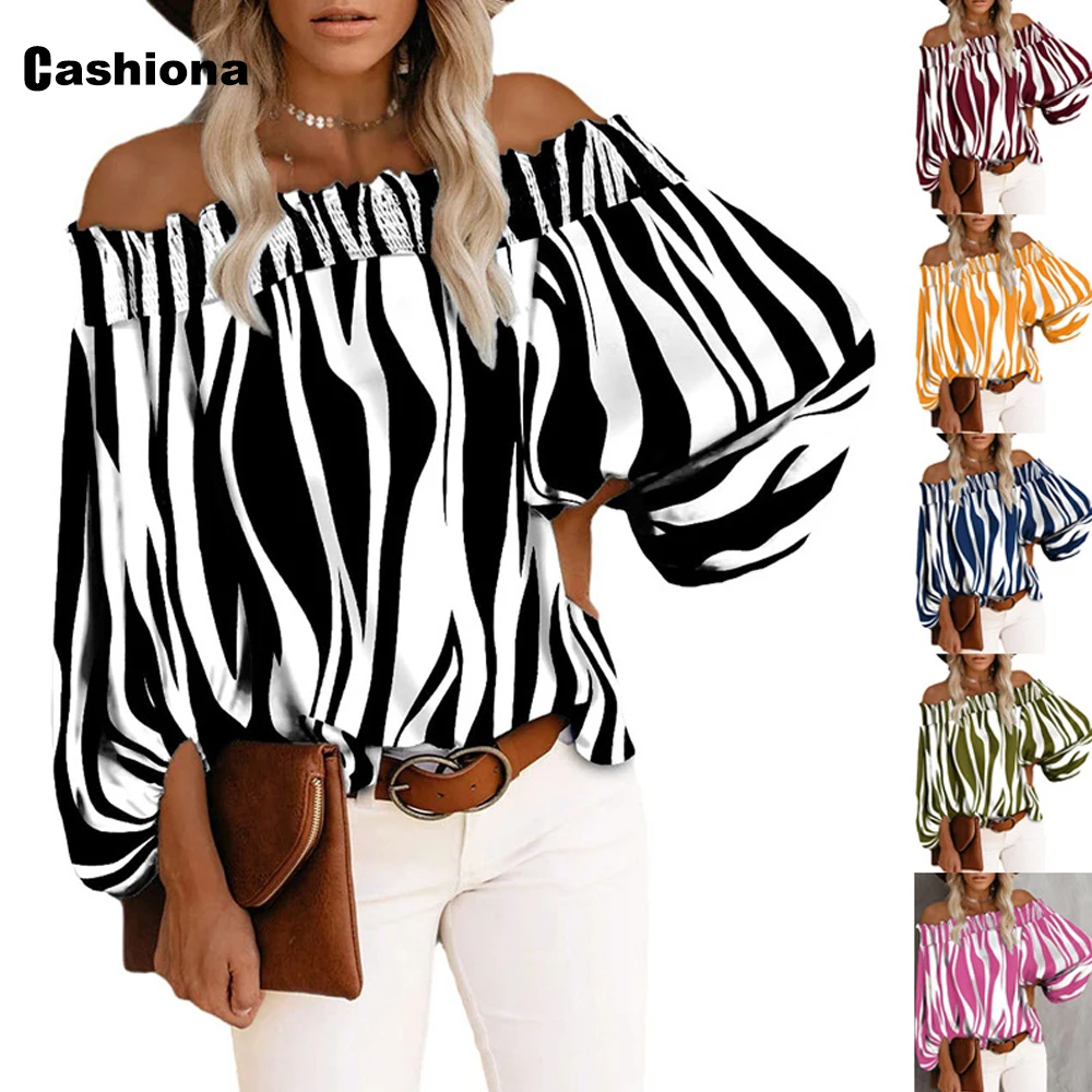 

Cashiona Plus Size Female Tops Slash neck Blouse Long Sleeve Women Fashion Stripes blusas shirt Autumn Casual Loose Beach Shirt