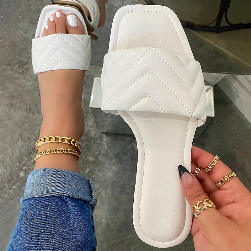 

Summer Slippers Women Slip On Slides Fashion Square Toe PU Leather Flat Sandals 2021 Female Outdoor Casual Slippers Flip Flops