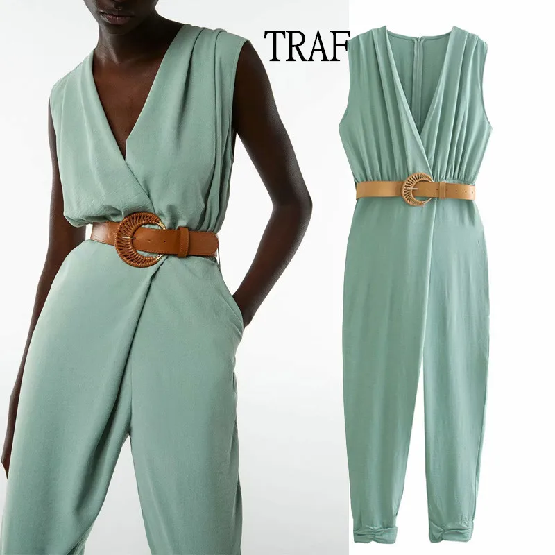 TRAF-mono sin mangas con cinturón para mujer, ropa elegante con cuello en V, pantalones elásticos fruncidos, moda de verano 2021