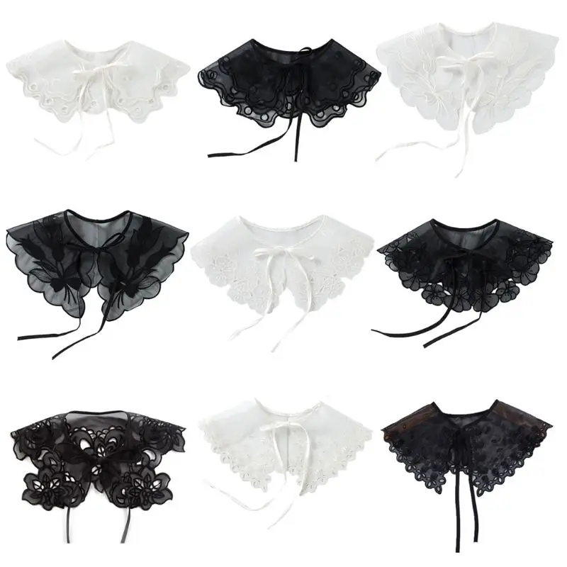

European Style Women Girls Chiffon Lace Fake False Collar Decorative Double Layer Floral Embroidery Choker Blouse Shawl Bowtie