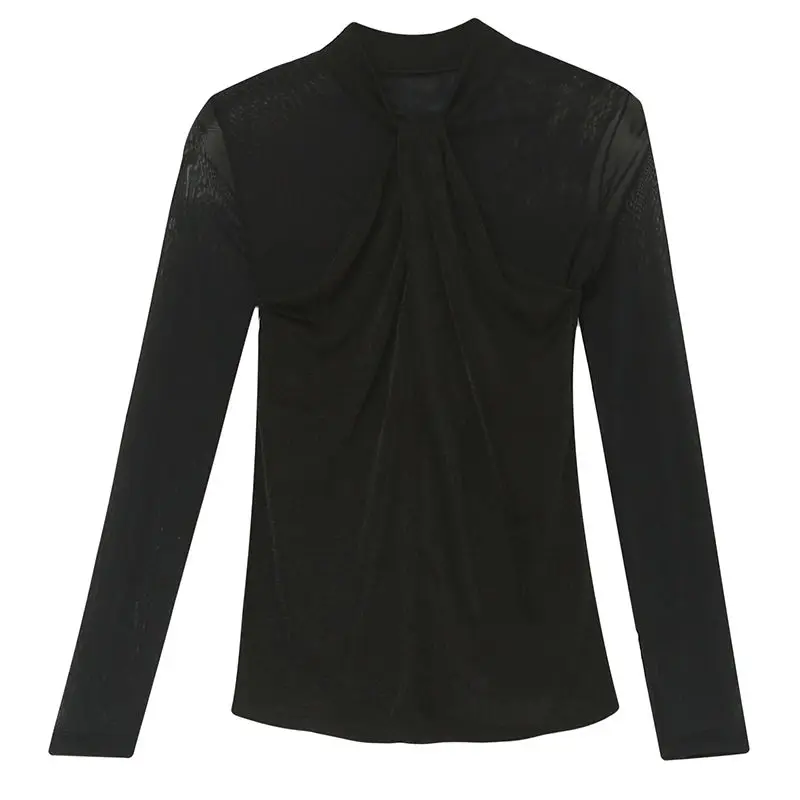 

T-shirt women's long sleeve sexy mesh spring and autumn foreign style small shirt with high collar and black bottom coat