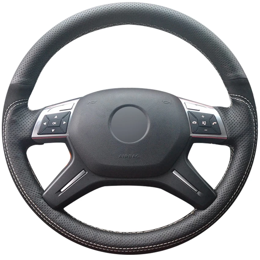 

Hand-stitched Black Genuine Leather Suede Custom Car Steering Wheel Cover for Mercedes-Benz GL350 ML350