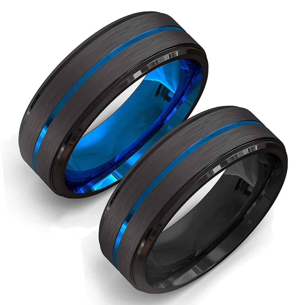 

Fashion 8MM Black Brushed Ladder Edge Tungsten Carbide Men Ring Rainbow Blue Red Groove Wedding Band Ring Men’s Valentine Gift
