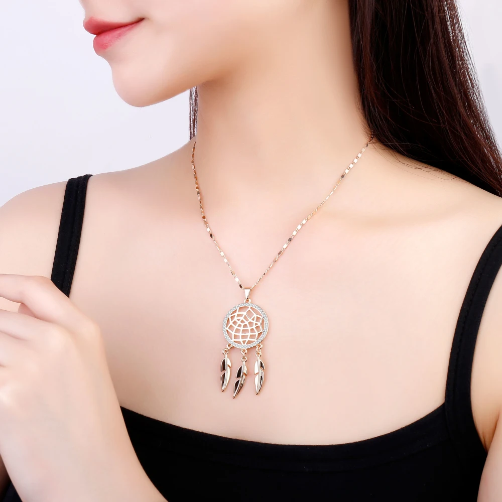 

Gold Silvery Dream Catcher Pendant Necklaces For Women Tassel Leaf Crystal Round Accessory Statement Necklace Jewelry Gift 2021