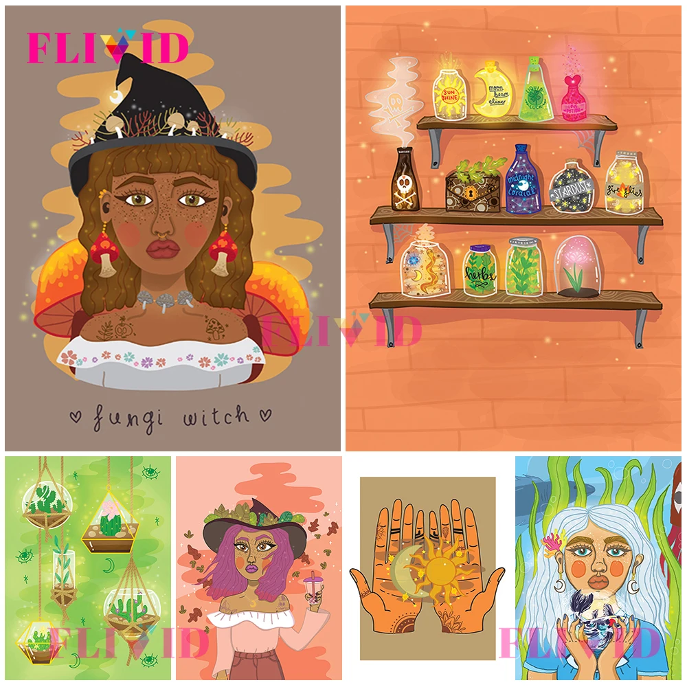 

Cartoon Witch Girl Wizard Witchcraft Nordic Poster Nursery Wall Pictures For Living Room Wall Art Canvas Painting Unframed