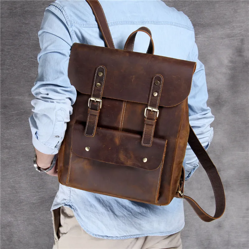 

Casual natural real leather men's and women's backpacks handmade Crazy Horse Skin computer business large-capacity shoulder bag