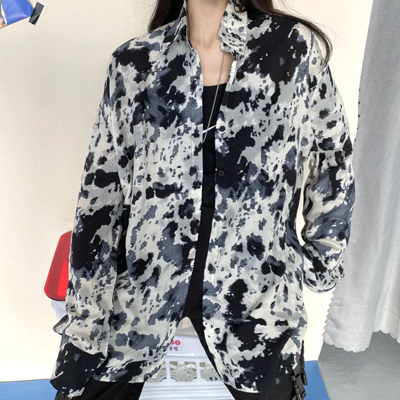 Женская блузка оверсайз с длинным рукавом камуфляжная Свободная рубашка принтом