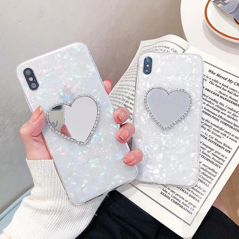 Luxury Shell Case For Huawei P Smart Z P40 Pro P30 Lite P20 Honor 20 Lite 10 10i 20S 30 8X 9X With Diamond Heart Mirror silicone case for huawei phone