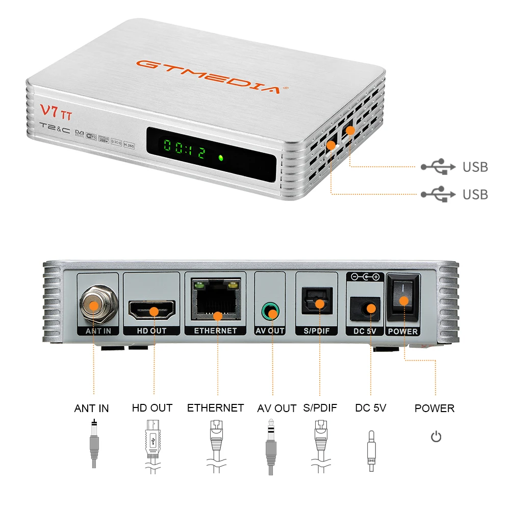 

GTMEDIA V7 TT Terrestrial TV Receiver DVB-T/T2 DVB-C Decoder H.265 10bit Tuner With USB Wifi YouTuBe Support Portual Digital box